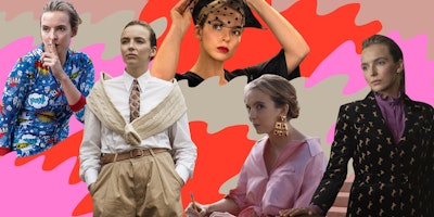 Collage of three Jodie Comer’s pictures in her role of villain in Killing Eve.