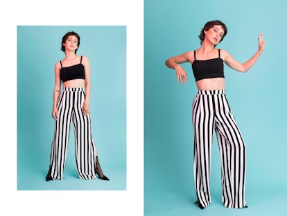 Meg Myers is posing in Chae New York Pants.