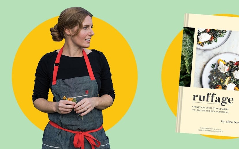 Chef Abra Berens in a kitchen apron and a cover of "Ruffage" cookbook in a green and orange collage ...