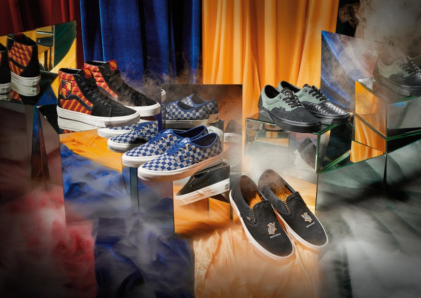 Four pairs of Harry Potter fan collection sneakers representing each Hogwarts house on different lev...
