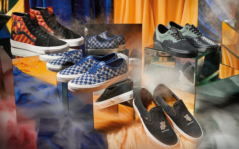 Four pairs of Harry Potter fan collection sneakers representing each Hogwarts house on different lev...