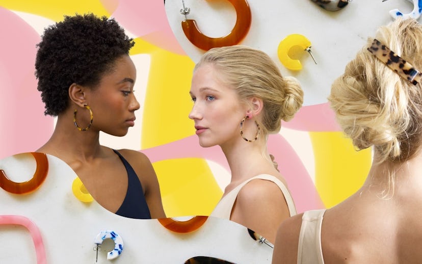 Models wearing resin hair clips and earrings.