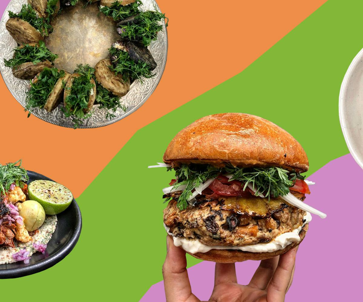 Vegan Burger in the foreground with fried zucchini and fried cauliflower with rice in the background