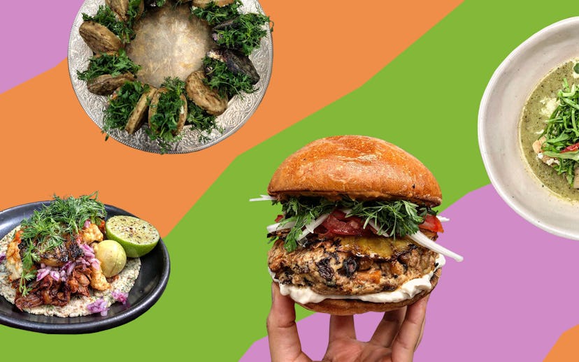 Vegan Burger in the foreground with fried zucchini and fried cauliflower with rice in the background