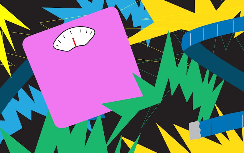 A purple scale with a multicolored background