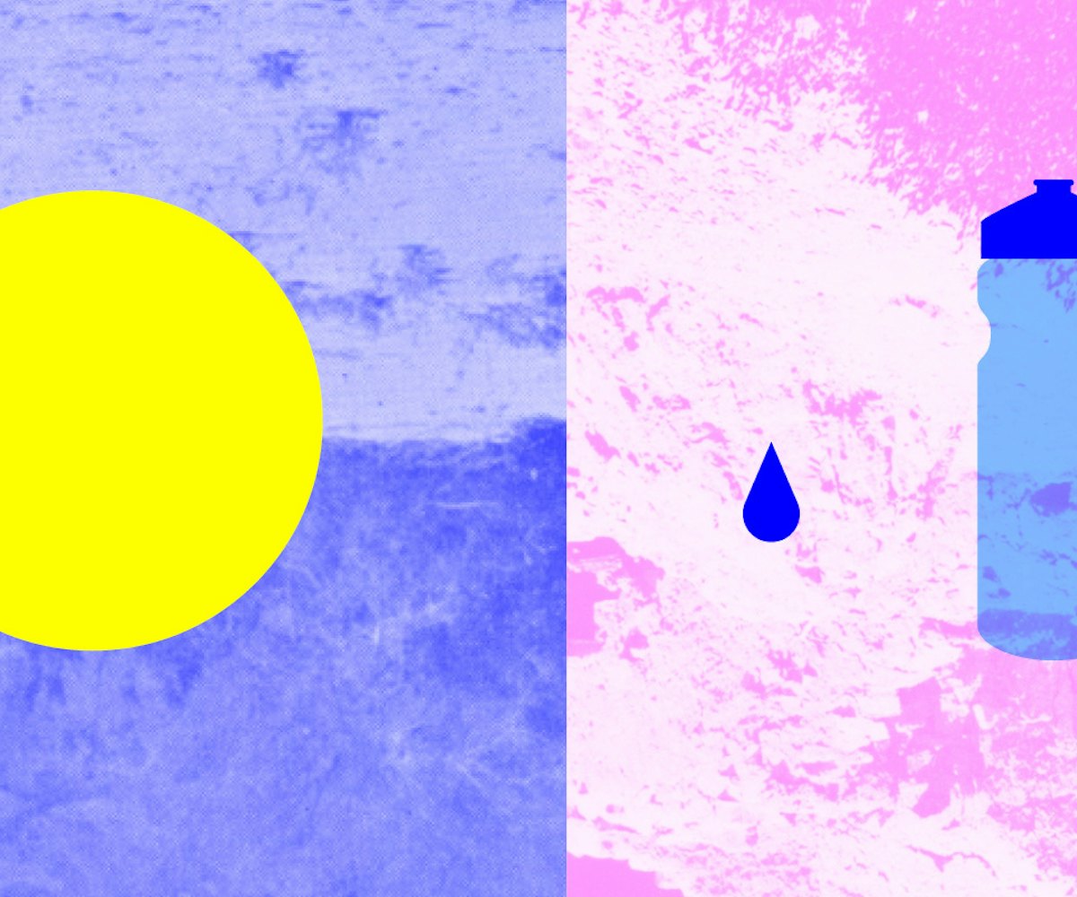 Yellow sun on a blue background next to a blue water bottle on a purple background