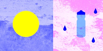 Yellow sun on a blue background next to a blue water bottle on a purple background