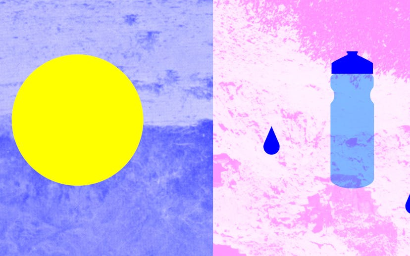Yellow sun on a blue background next to a blue water bottle on a purple background