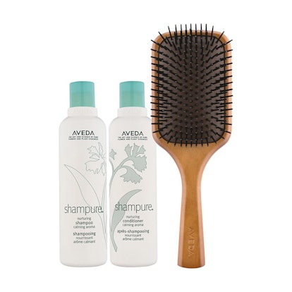 Aveda's Shampure set with shampoo, conditioner and a hairbrush 