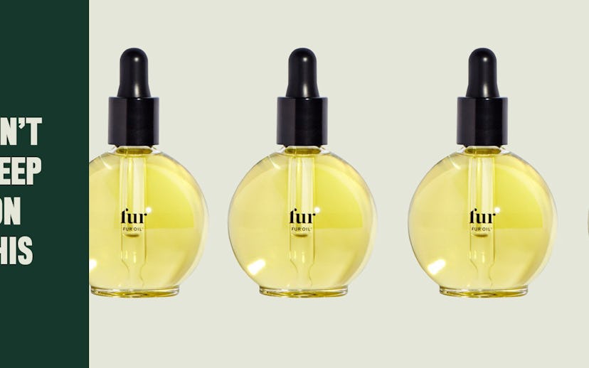 Four bottles of Fur Oil hair oil by Fur next to text that says "Don't sleep on this"