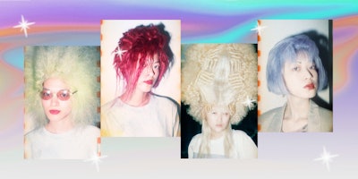 A four-part collage of 4 wigs in platinum blonde, red, ash blonde and pale blue by Tomi Kono