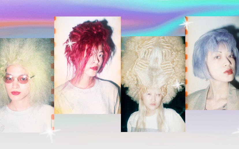 A four-part collage of 4 wigs in platinum blonde, red, ash blonde and pale blue by Tomi Kono
