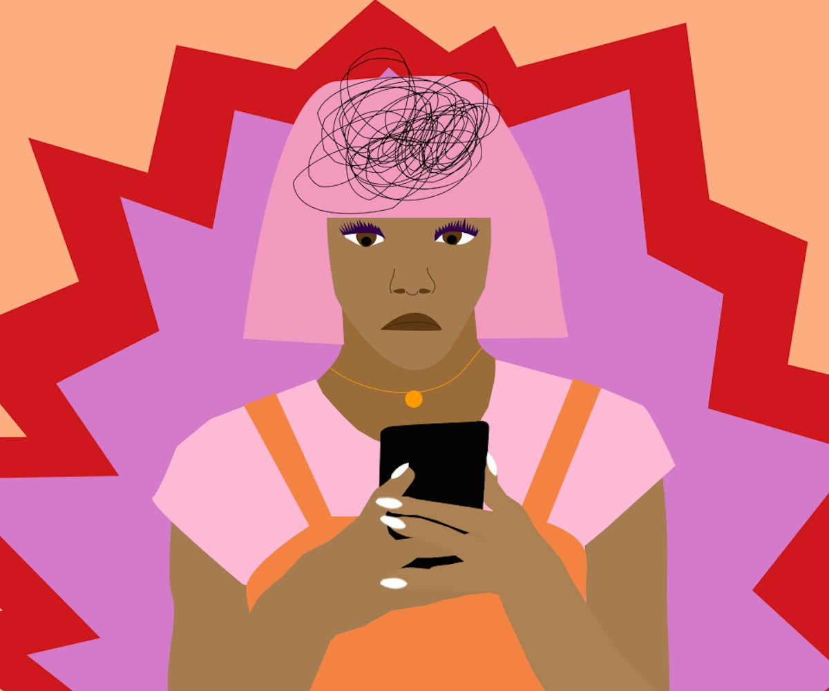 Illustration of a girl with pink hair and orange clothes holding her phone, displaying how media hab...