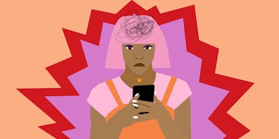 Illustration of a girl with pink hair and orange clothes holding her phone, displaying how media hab...