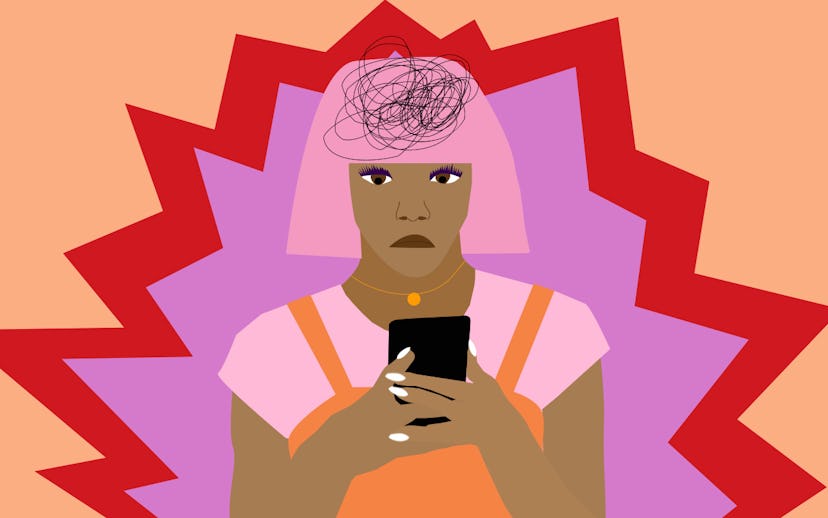 Illustration of a girl with pink hair and orange clothes holding her phone, displaying how media hab...