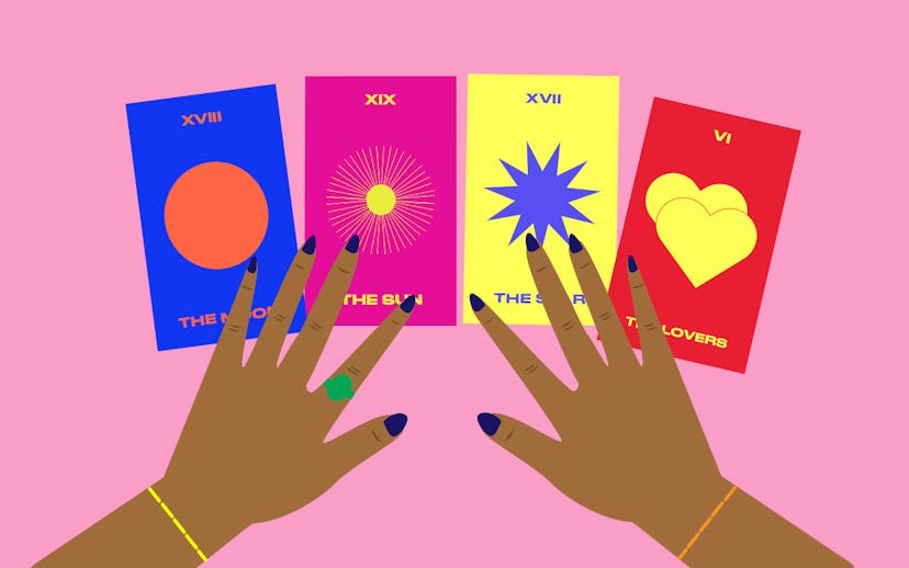 Pink illustration with hands above four tarot cards symbolizing, the moon, the sun, the star and the...