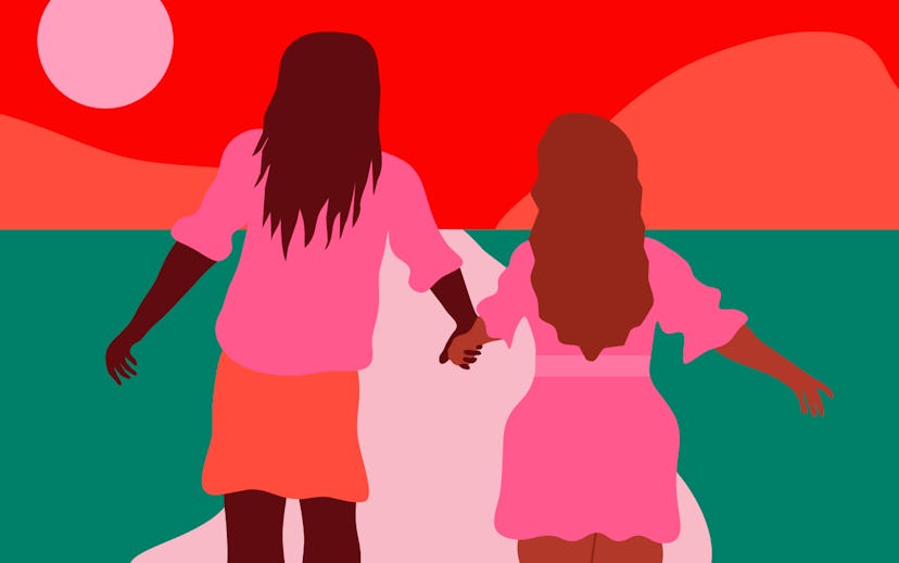 Illustrated mother and daughter during a walk dressed in pink and orange with an orange sky, pink mo...