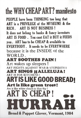 'The WHY CHEAP ART?' image from Bread and Puppet Theater
