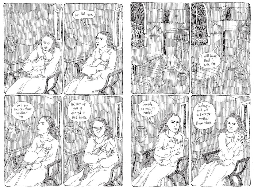 Excerpt from Laid Waste is containing 8 comic-type colorless images showing a lady holding her baby ...