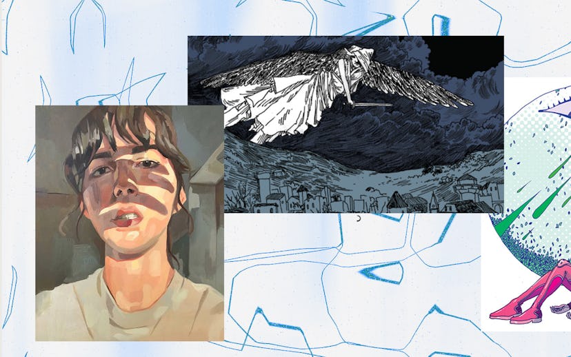 Three different art pieces in a patchwork-like collage