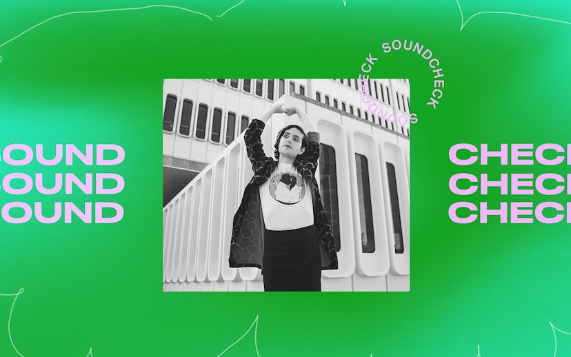 Sound check featuring Deb Never in a black and white photo on a green background
