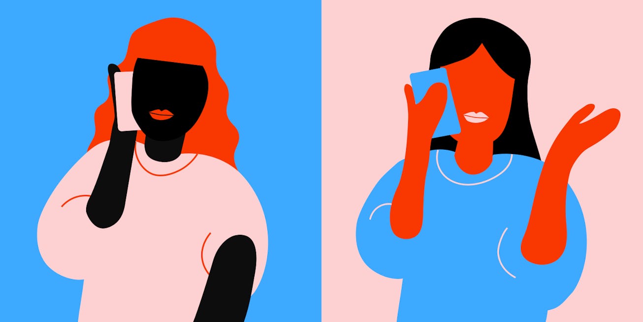 An illustration of a red-haired woman in a pink shirt and a black-haired woman in a blue shirt talki...