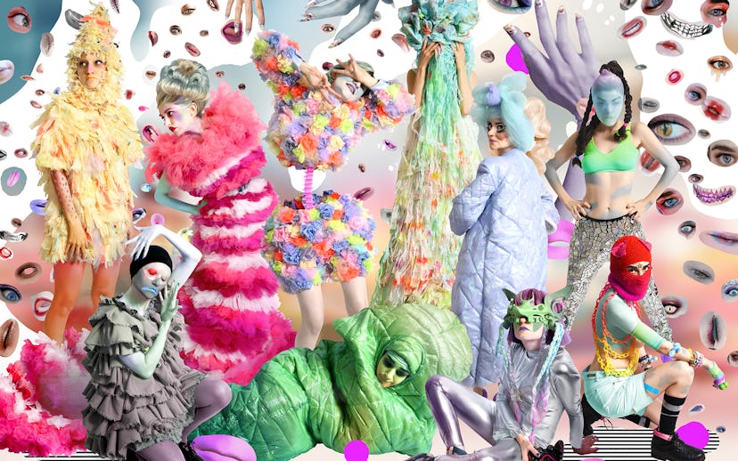 The same model in red, blue, flower-patterns, and green color presenting Flavia Da Rin's work