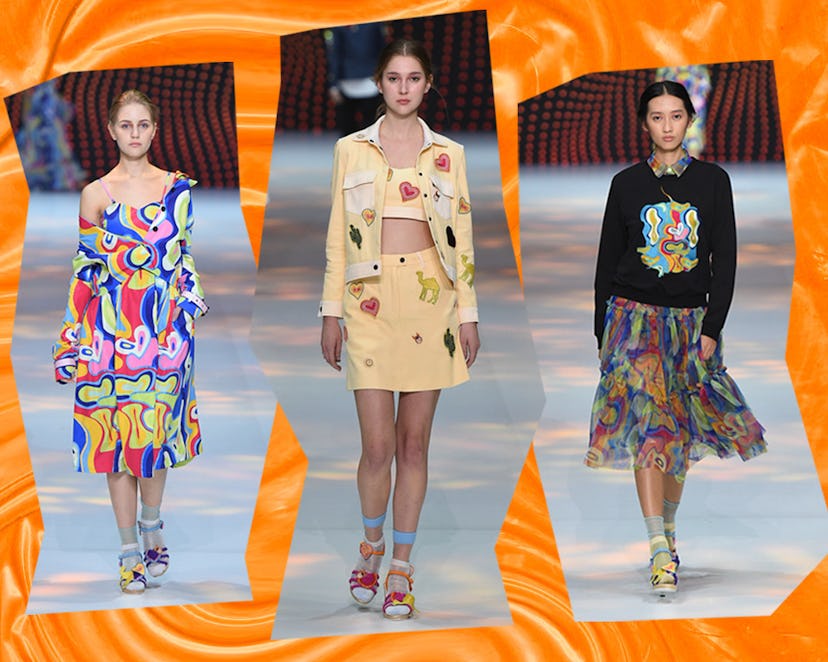 Collage of three models walking a runway in blue, yellow, and black dresses