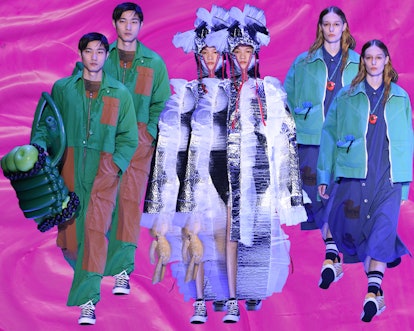 Collage of three models walking a runway, two in dresses, and one in a tracksuit