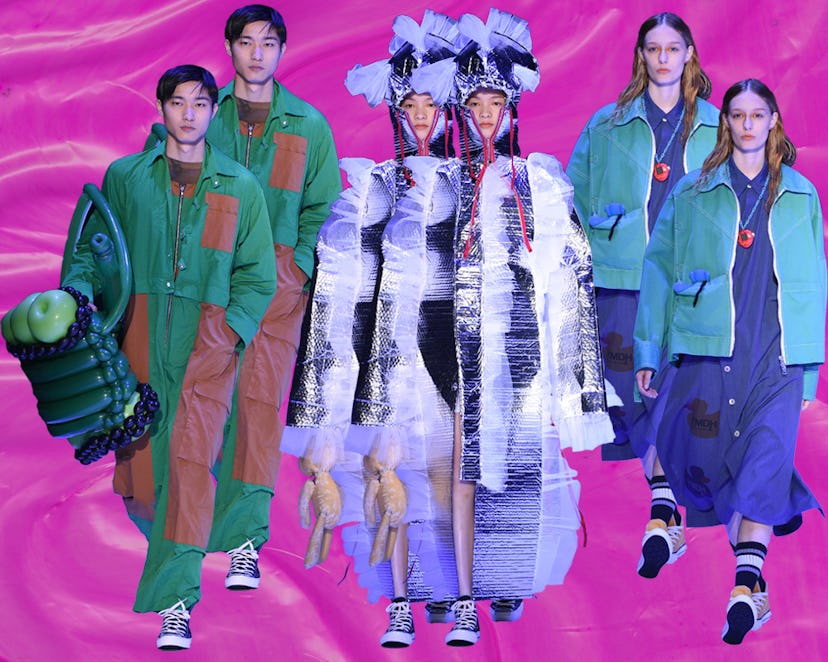 Collage of three models walking a runway, two in dresses, and one in a tracksuit