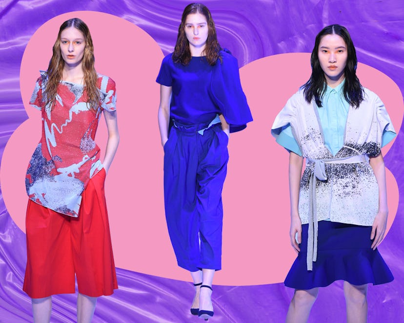 Collage of three models walking a runway in blue, red, and white dresses