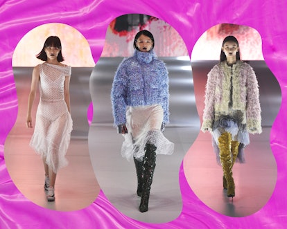 Collage of three models walking a runway in jackets and dresses