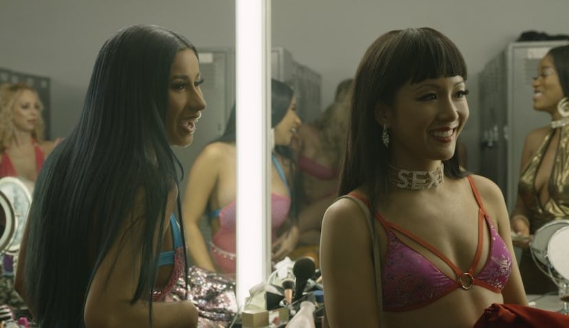 Cardi B and Constance Wu as strippers in the dressing room in Hustlers 
