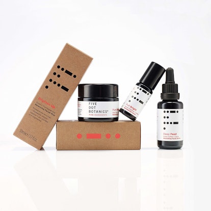 Five Dot Botanics products lined up with their packages
