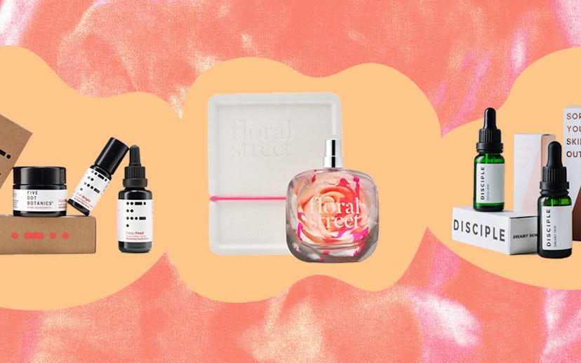 Beauty products in a collage on an orange background