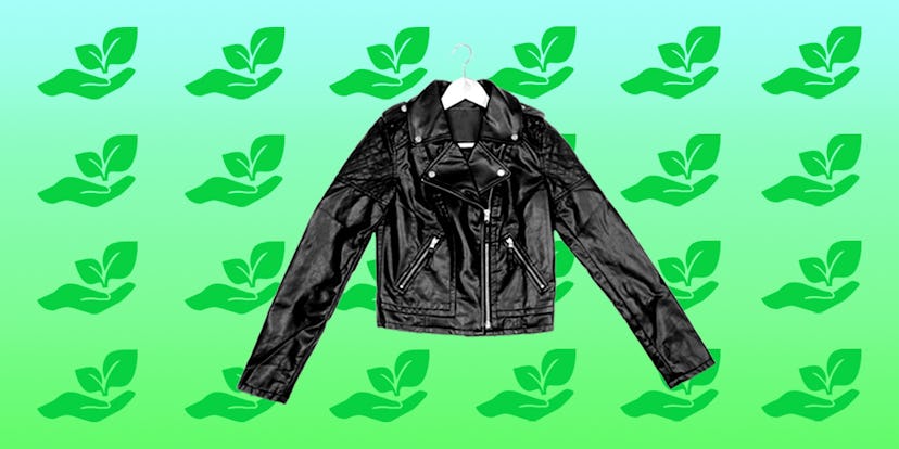 Vegan leather jacket on a hanger in front of an ecofriendly pattern background