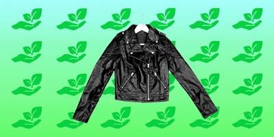 Vegan leather jacket on a hanger in front of a ecofriendly pattern background