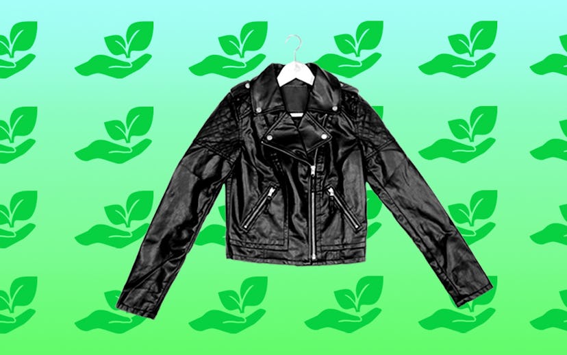 Vegan leather jacket on a hanger in front of an ecofriendly pattern background