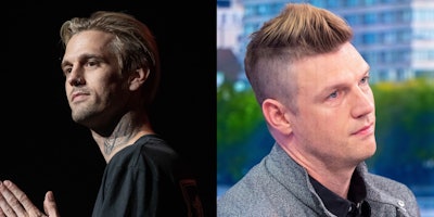 A two-part collage: Aaron Carter in a black shirt; Nick Carter in a grey jacket