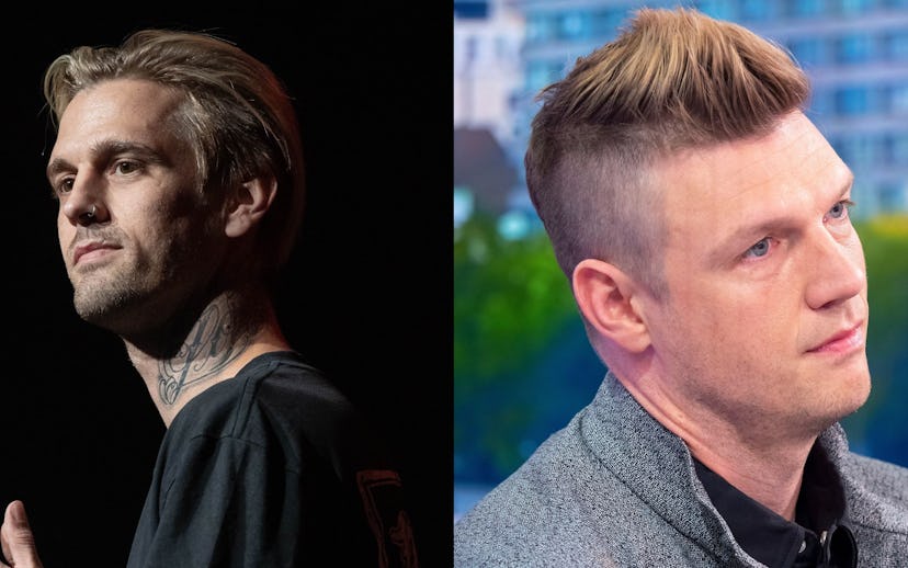 A two-part collage with Aaron Carter in a black shirt and Nick Carter in a grey jacket