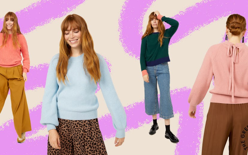 Ginger female model wearing different colors of luxury cashmere sweaters by Frances Austen