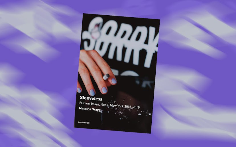 The black cover of Natasha Stagg's book with a woman's hand with lilac nail polish holding a cigaret...