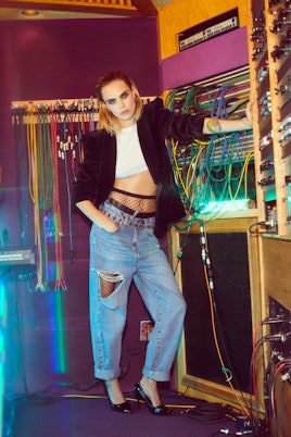 Nasty Gal, Cara Delevingne wearing a Dressed To Kill Velvet Blazer and Blue Distressed Jeans