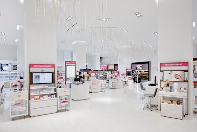 A big white room filled with beauty products from the new beauty floor of Nordstrom's