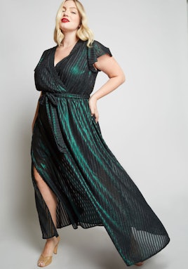 A blonde model in Modcloth, Your Time to Shine Maxi Dress in green