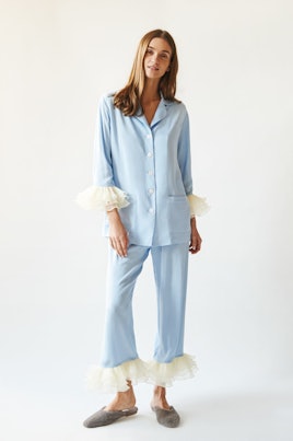 Sleeper's "Pierrot" Party Pajama Set in blue with the bottoms of the sleeves and pants in white lace...