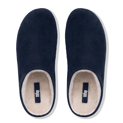 FitFlop's Chrissie Shearling slippers in dark blue with white midsoles 
