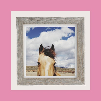 A horse head with clouds in the background art print in grey barnwood by Kevin Russ