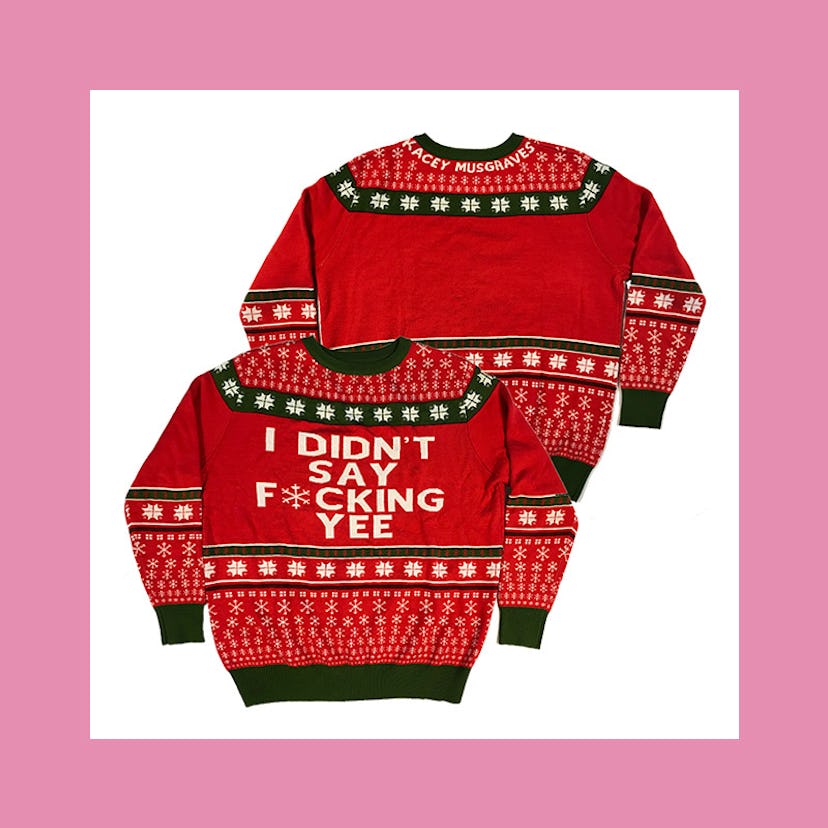Two ugly Christmas sweaters with the writing 'I didn't say f*cking yee'