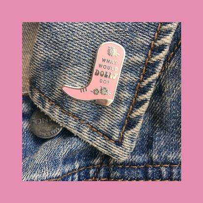 Dolly Parton Enamel pin on jeans by Broganalexandra